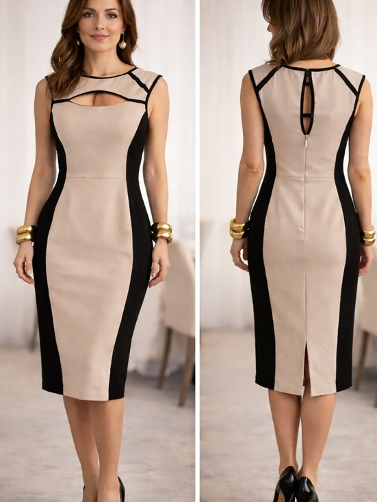BCBGMaxAzria Dresses & Skirts - BCBGMaxAzria🖤FITTED Beige and Black Contrast Midi Sheath Dress Sz 4
